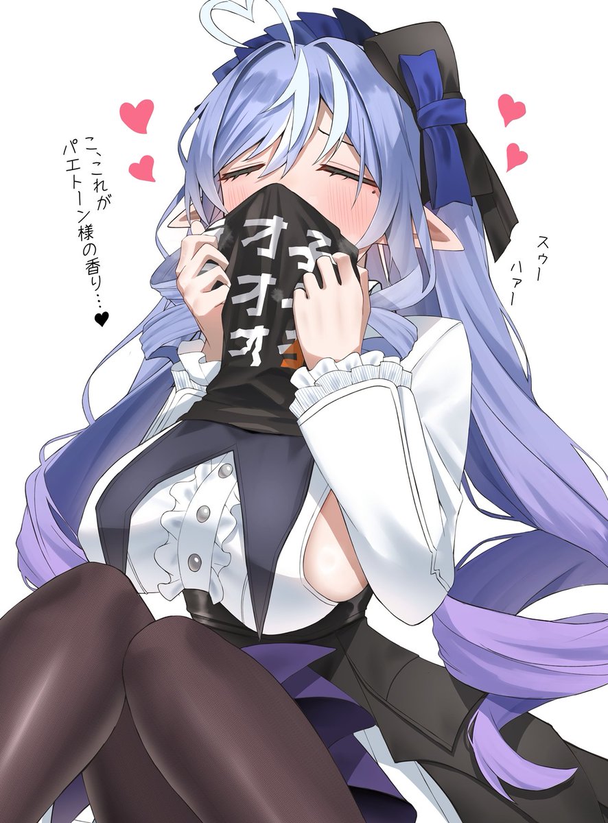 1girl ahoge black_dress black_pantyhose black_shirt blush breasts commentary dress elf heart heart_ahoge highres holding holding_shirt holding_unworn_clothes implied_yuri large_breasts long_hair mole mole_under_eye nidaime_(doronbo) pantyhose pointy_ears purple_eyes shirt sideboob simple_background smelling smelling_clothes solo translation_request unworn_shirt vivian_banshee white_background zenless_zone_zero