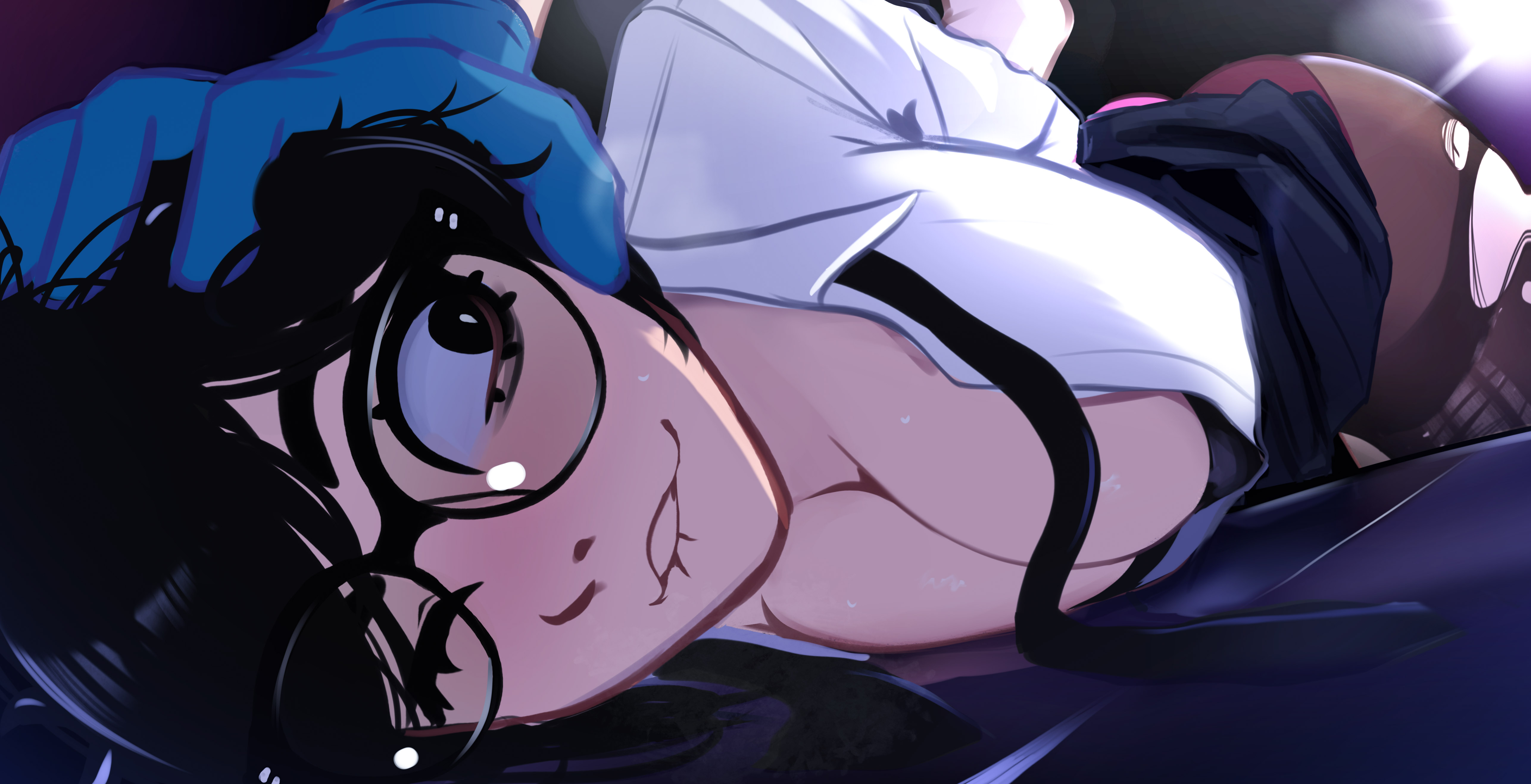 1girl 1other absurdres accidental_exposure arms_behind_back arrest bent_over biting_own_lip black-framed_eyewear black_eyes black_hair black_necktie black_skirt blue_gloves blush breasts collared_shirt dress_shirt glasses gloves hand_on_another's_head head_grab head_pinned_down highres implied_pantyshot large_breasts necktie night one_eye_closed original outdoors panties pantyhose partially_unbuttoned pink_panties pinned police ponytail restrained rosen_(veyonis) shirt skirt smile solo_focus sweat torn_clothes torn_pantyhose underwear undone_necktie veyonis white_shirt