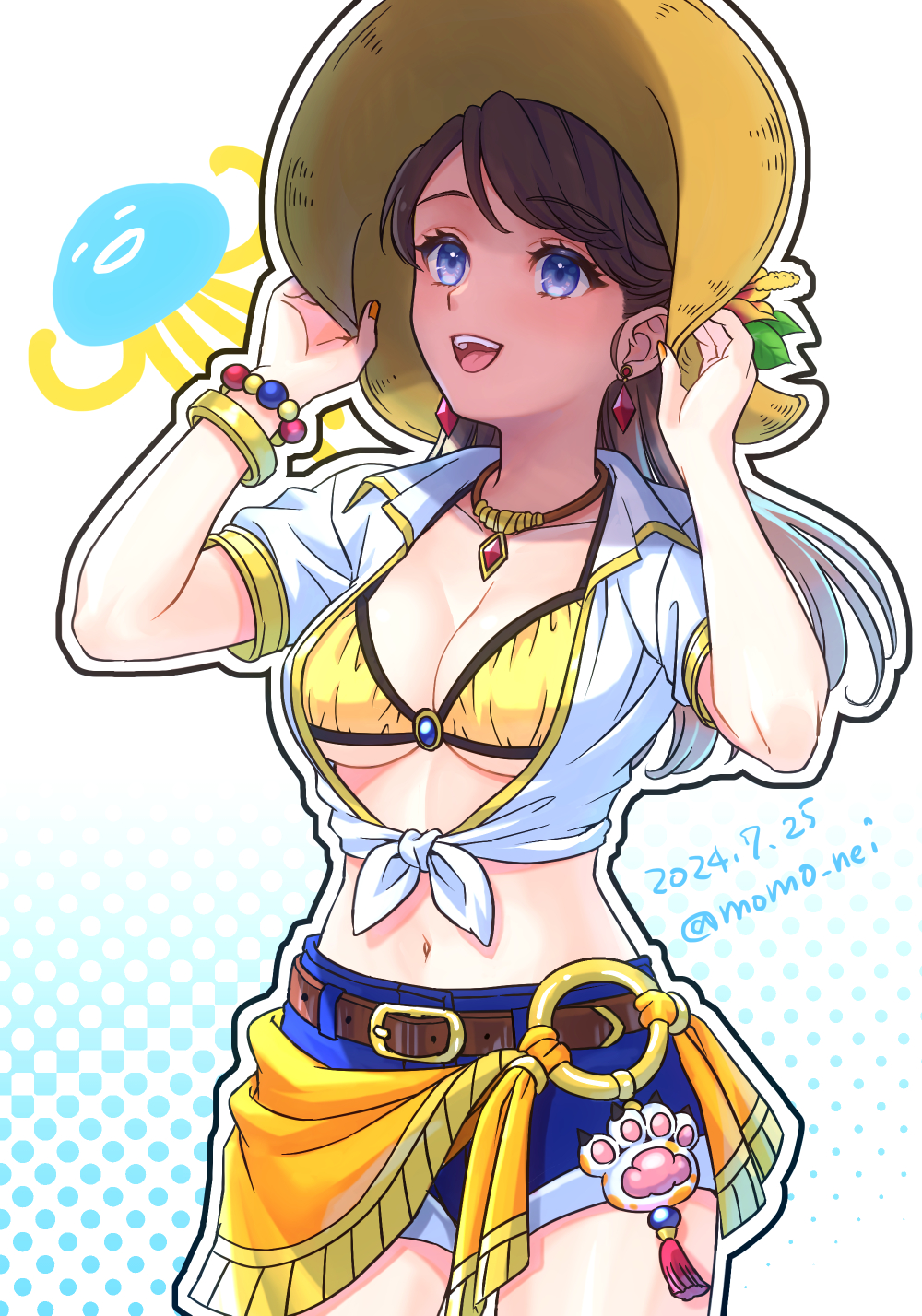 1girl 1other 2024 :d bead_bracelet beads belt bikini bikini_top_only blue_eyes blue_shorts bracelet breasts brown_belt brown_hair cleavage commentary_request cosplay cowboy_shot dated denim denim_shorts dragon_quest dragon_quest_x earrings front-tie_top gold_bracelet hand_on_headwear hat healslime heroine_(dq10) highres jewelry long_hair looking_up medium_breasts midriff momo_nei multiple_bracelets navel necklace o-ring o-ring_belt open_clothes open_mouth open_shirt orange_nails seraphy_(dq10) seraphy_(dq10)_(cosplay) shorts smile solo sun_hat swimsuit twitter_username underboob white_background yellow_bikini