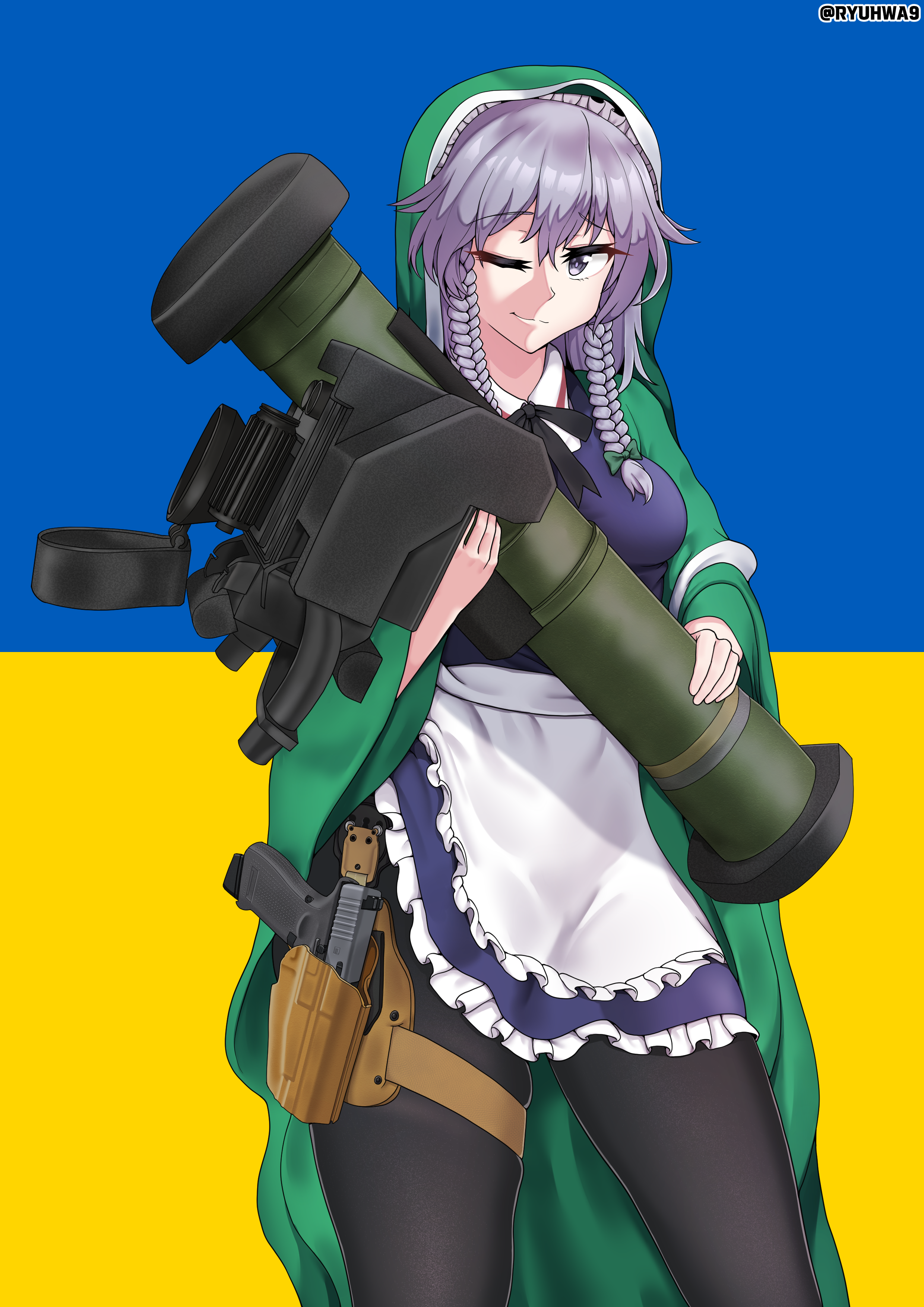 1girl absurdres apron braid breasts cosplay fgm-148_javelin frills glock green_robe green_shawl grey_hair gun handgun highres holding holding_rocket_launcher holding_weapon holster izayoi_sakuya looking_at_viewer maid maid_apron man-portable_anti-tank_systems medium_breasts missile_launcher one_eye_closed pantyhose pistol robe rocket_launcher russo-ukrainian_war ryuhwa9 skindentation smile solo st._javelin thigh_holster thighs touhou twin_braids twitter_username ukraine ukrainian_flag virgin_mary virgin_mary_(cosplay) weapon weapon_request white_apron