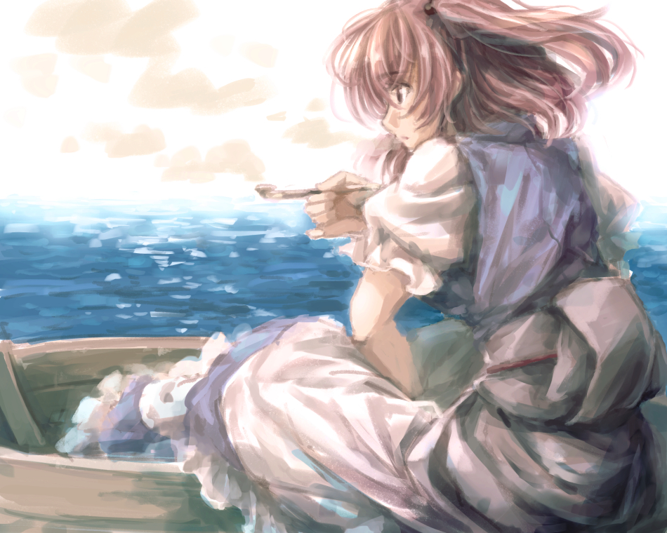 1girl boat female_focus hair_bobbles hair_ornament holding holding_smoking_pipe japanese_clothes kitsune_maru ocean onozuka_komachi pip puffy_short_sleeves puffy_sleeves red_hair rowboat short_sleeves short_twintails sitting smoke smoking smoking_pipe solo touhou twintails two_side_up watercraft