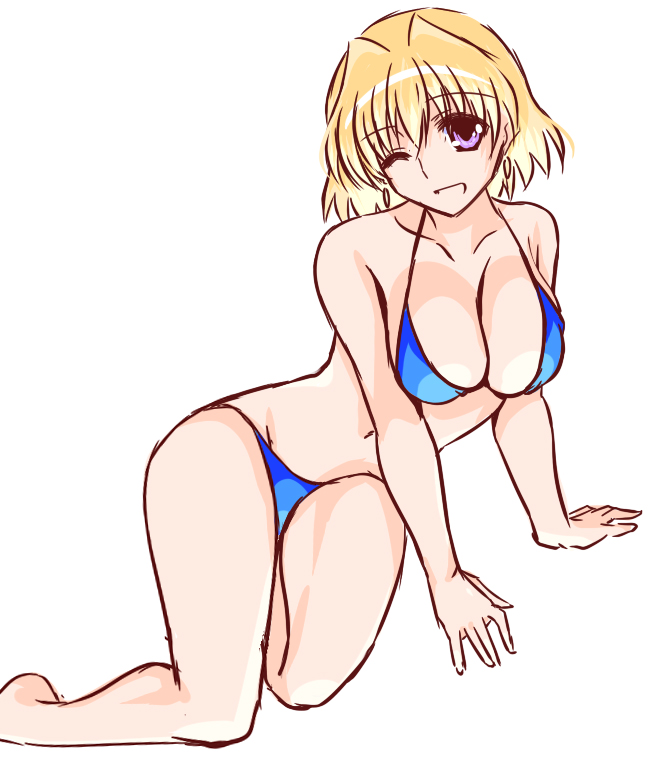 1girl ;d bare_arms bare_legs barefoot bikini blonde_hair blue_bikini breasts cleavage collarbone engo_(aquawatery) feet_out_of_frame groin hair_intakes halterneck large_breasts looking_at_viewer lyrical_nanoha mahou_shoujo_lyrical_nanoha_strikers medium_hair navel one_eye_closed open_mouth purple_eyes shamal simple_background sketch smile solo swimsuit white_background