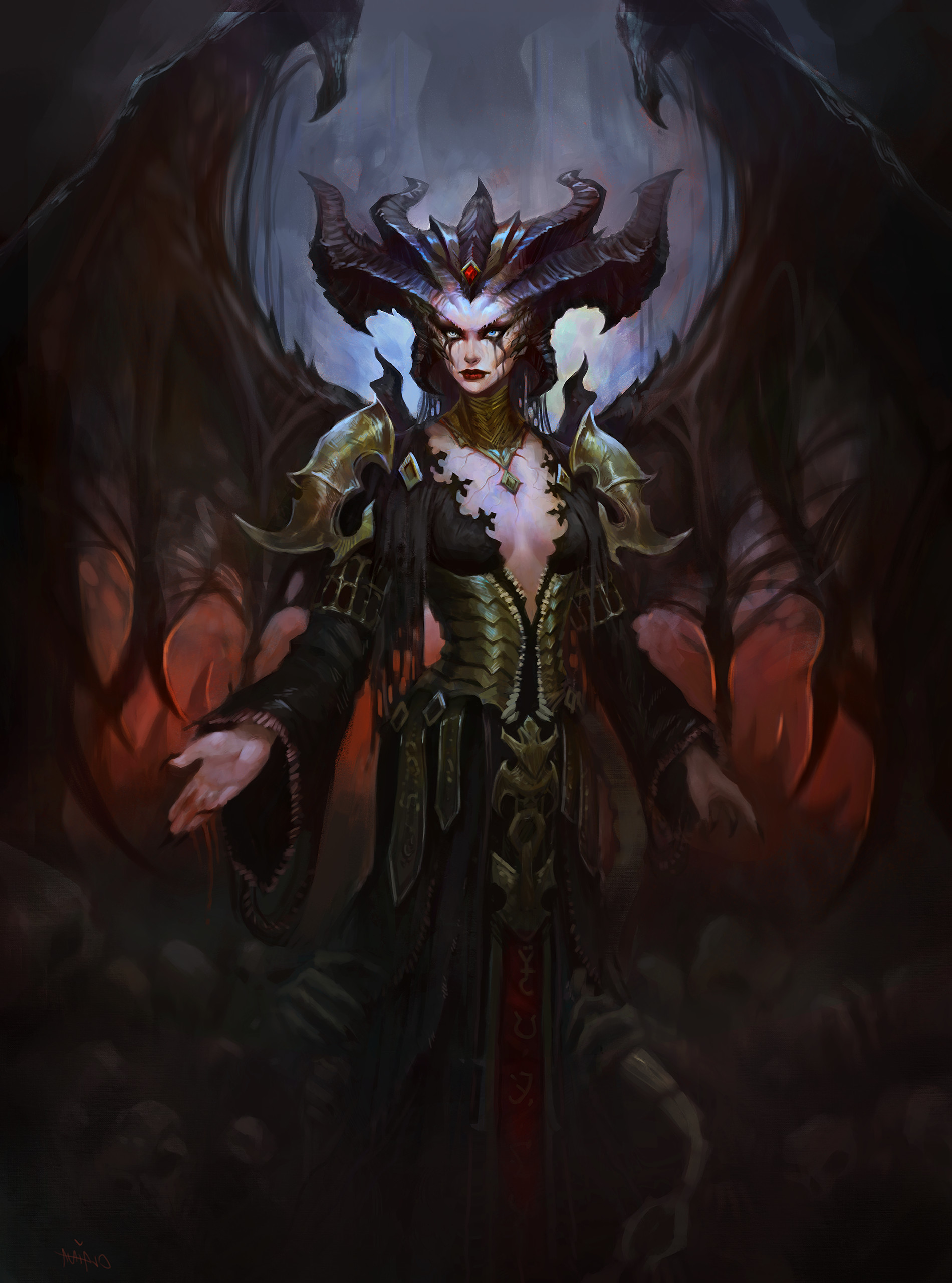 1girl absurdres black_dress black_lips breasts claina cleavage demon_girl demon_horns demon_wings diablo_(series) dress fingernails heterochromia highres horns lilith_(diablo) medium_breasts sharp_fingernails solo wings