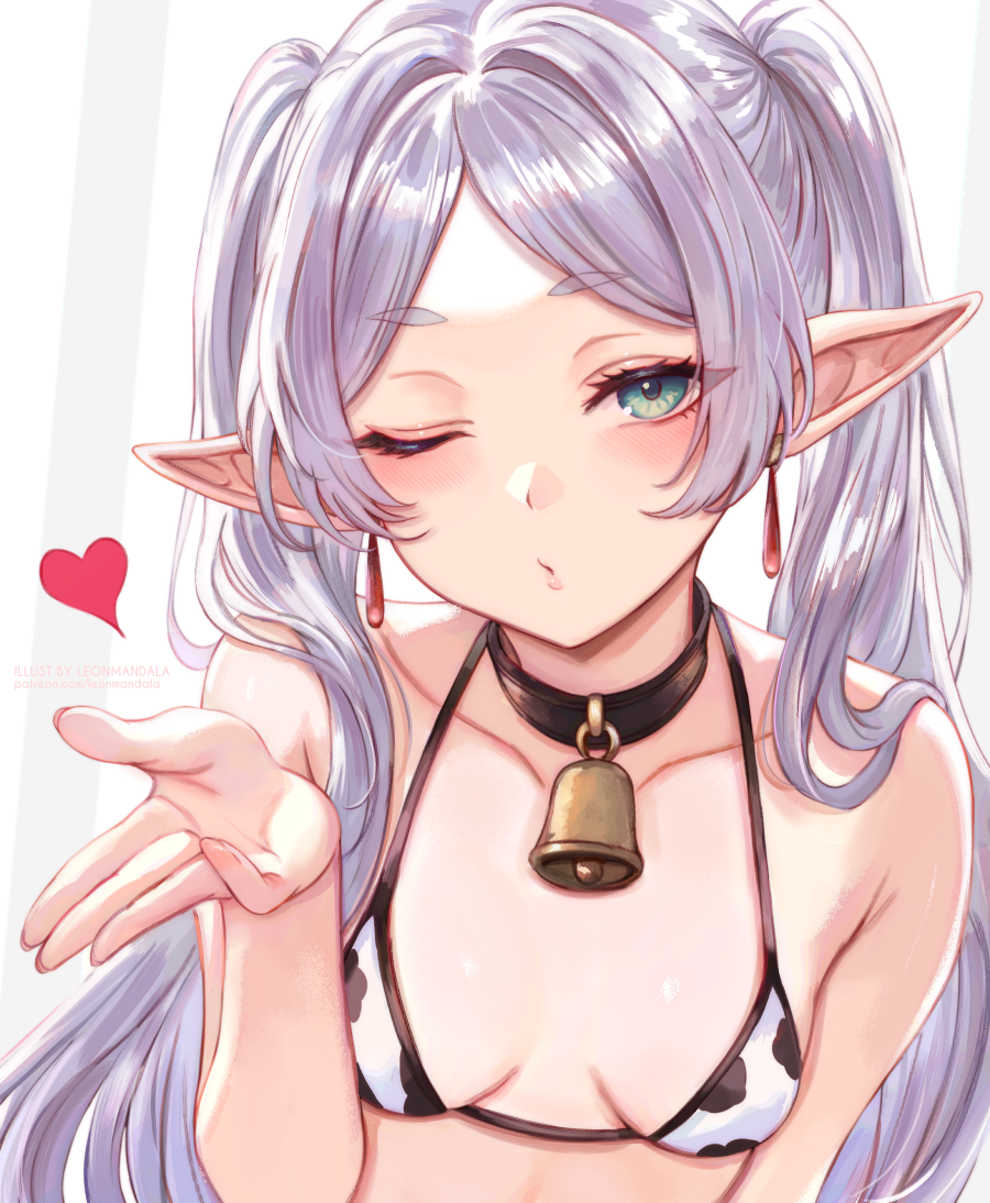1girl animal_print bare_shoulders bell bikini breasts choker cow_print cow_print_bikini cowbell earrings elf frieren green_eyes grey_hair heart jewelry jingle_bell leonmandala long_hair looking_at_viewer one_eye_closed pointy_ears print_bikini simple_background small_breasts solo sousou_no_frieren swimsuit twintails upper_body white_hair