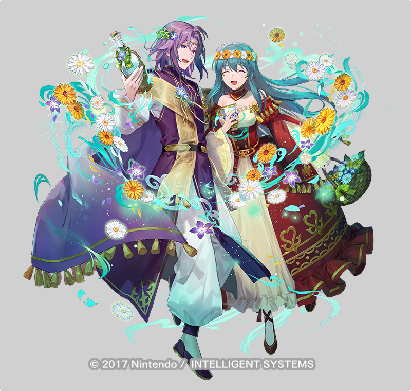 1boy 1girl aqua_hair azu-taro basket bottle breasts cape chalice circlet closed_mouth cup dress eirika_(fire_emblem) eirika_(valentine)_(fire_emblem) fire_emblem fire_emblem:_the_sacred_stones fire_emblem_heroes flower_wreath grey_background head_wreath holding holding_basket holding_bottle juliet_sleeves long_sleeves lyon_(fire_emblem) lyon_(valentine)_(fire_emblem) medium_breasts medium_hair nintendo official_alternate_costume official_art open_mouth puffy_sleeves purple_cape purple_hair purple_robe red_dress robe short_hair smile wine_bottle