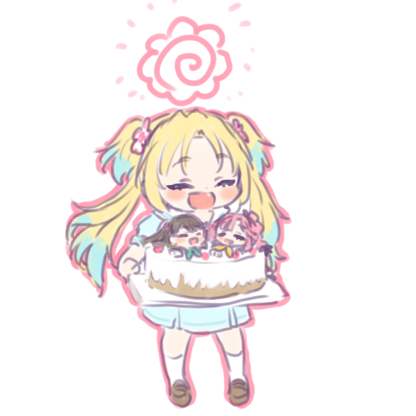 1girl :d ^_^ anyoji_hime aqua_neckerchief birthday_cake black_ribbon blonde_hair blue_dress blue_hair blunt_bangs blush brown_hair brown_shoes cake closed_eyes commentary dress fang flower food fujishima_megumi full_body gradient_hair hair_flower hair_ornament hair_ribbon hanamaru hasu_no_sora_school_uniform holding holding_cake holding_food light_blue_hair link!_like!_love_live! loafers long_hair love_live! medium_dress multi-tied_hair multicolored_hair neckerchief open_mouth osawa_rurino outline parted_bangs pink_flower pink_hair pink_outline pleated_dress ponytail puffy_short_sleeves puffy_sleeves ribbon sailor_collar sailor_dress school_uniform shinanoya_(satanicad) shoes short_sleeves sidelocks simple_background smile socks solo summer_uniform swept_bangs symbol-only_commentary twintails two_side_up virtual_youtuber white_background white_sailor_collar white_socks yellow_neckerchief