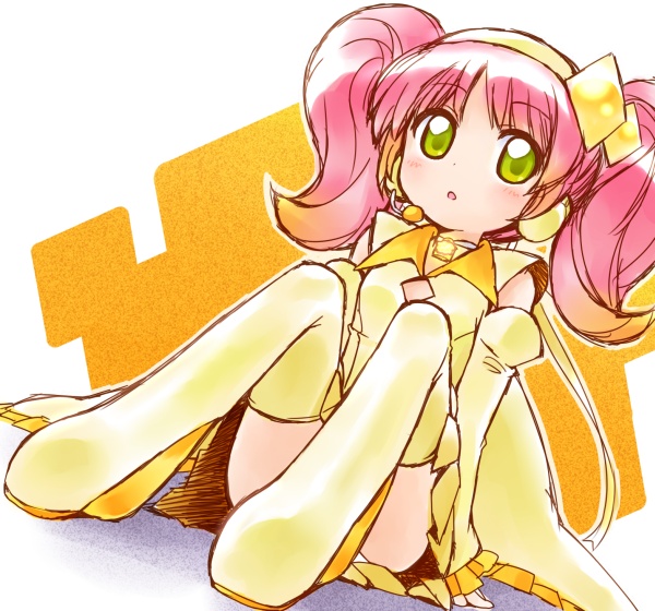 1girl amulet_dia detached_sleeves female_focus green_eyes hair_ornament hinamori_amu kemkem magical_girl microphone miniskirt peach_pit pink_hair short_twintails shugo_chara! sitting skirt smile solo thighhighs twintails