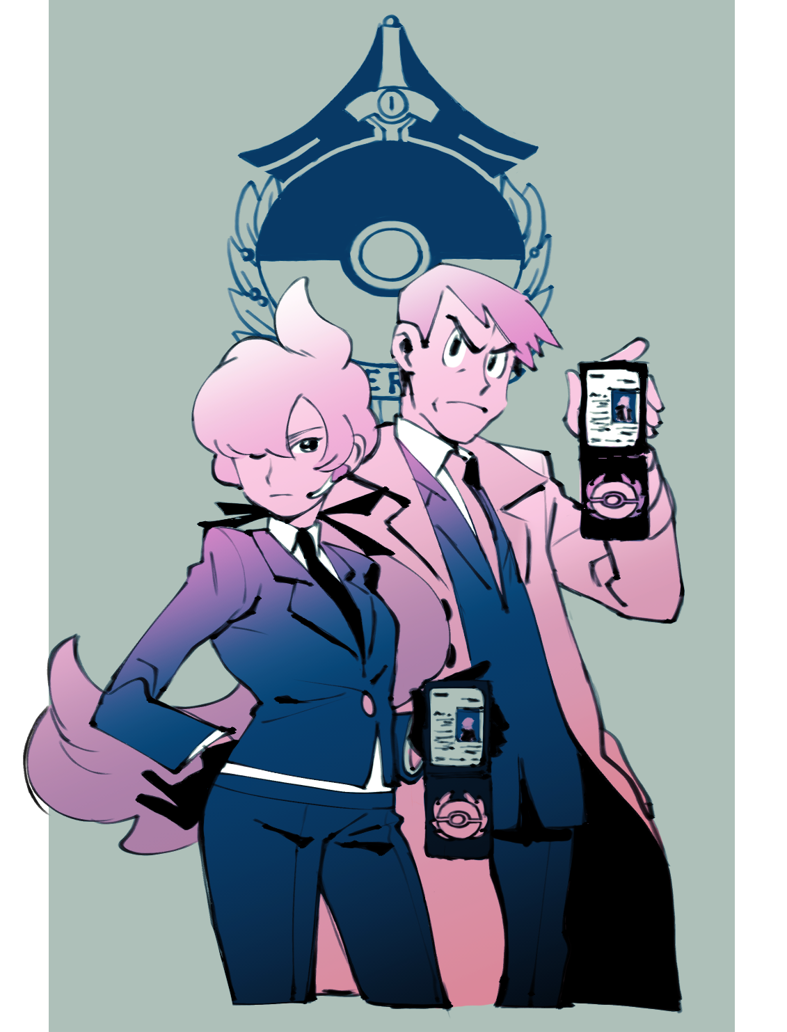 1boy 1girl anabel_(pokemon) badge black_gloves black_necktie coat collared_shirt cropped_legs earpiece gen_6_pokemon gloves hair_over_one_eye hand_on_own_hip highres holding_badge honedge looker_(pokemon) looking_at_viewer necktie nintendo pokemon pokemon_sm police_badge sanigo shirt sweater_vest trench_coat