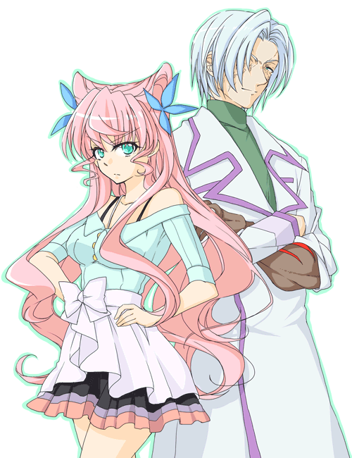 10s 1boy 1girl butterfly_hair_ornament closed_lab_coat crossed_arms dr._ver hair_ornament hottate lab_coat long_hair maria_cadenzavna_eve pink_hair senki_zesshou_symphogear short_hair silver_hair simple_background white_background