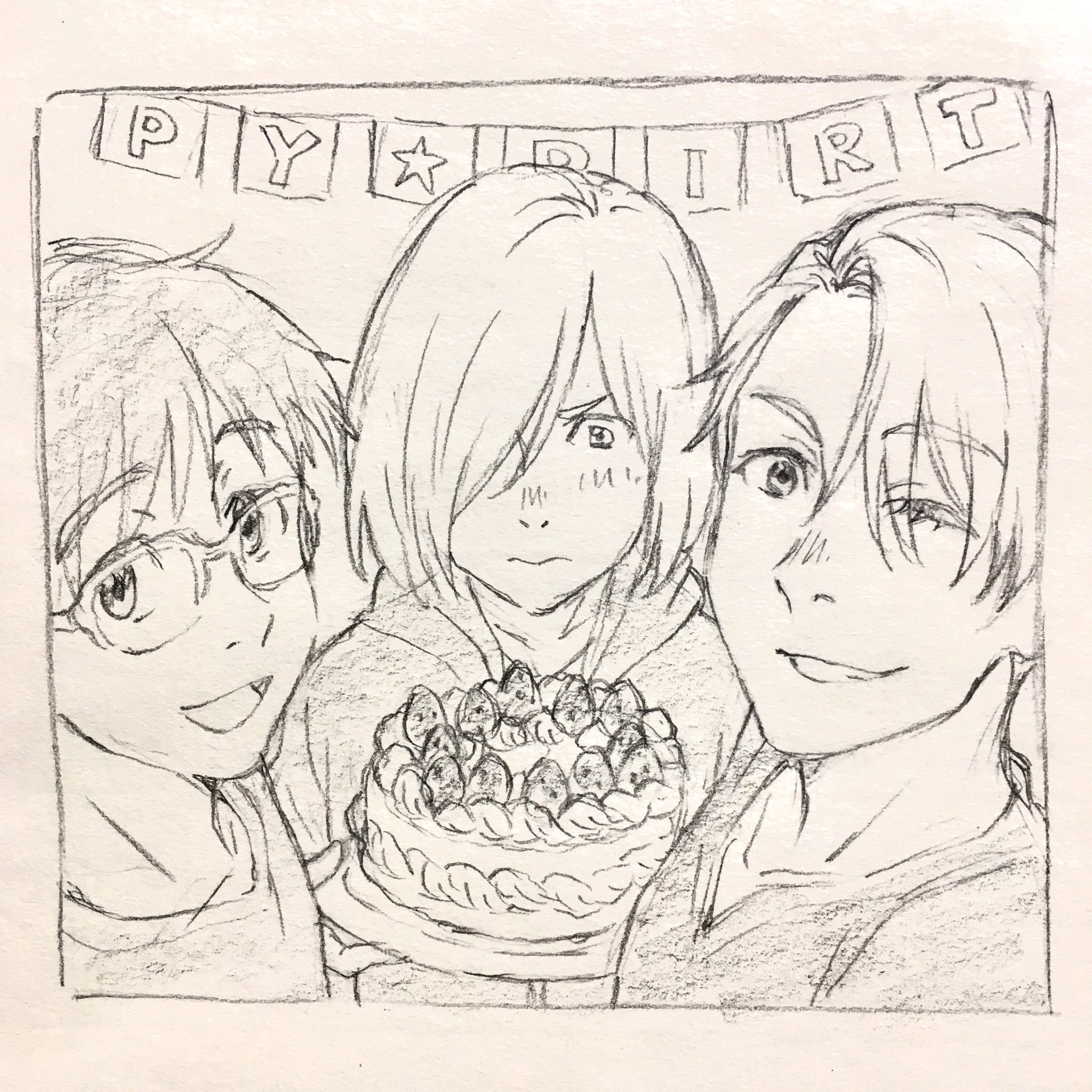 10s 3boys cake food fruit glasses graphite_(medium) hair_over_one_eye highres hood hoodie itou_noriko katsuki_yuuri male_focus monochrome multiple_boys one_eye_closed open_mouth sketch smile strawberry traditional_media viktor_nikiforov yuri!!!_on_ice yuri_plisetsky