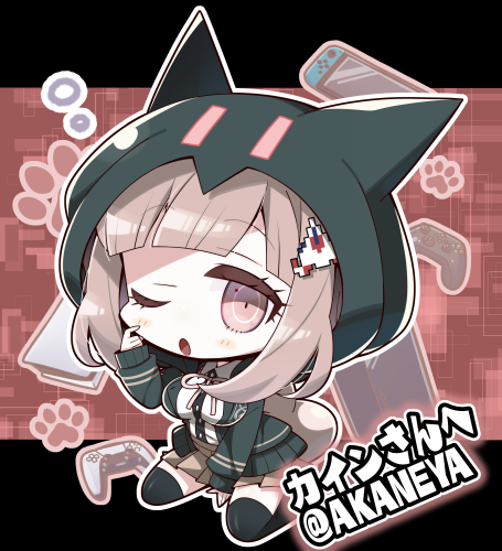 1girl ;o akaneya animal_ear_hood animal_ears between_legs black_thighhighs blunt_bangs blush_stickers breasts brown_eyes brown_hair brown_skirt cat_ears chibi chibi_only commentary_request commission danganronpa_(series) danganronpa_2:_goodbye_despair eyelashes fake_animal_ears full_body green_jacket hand_between_legs hand_up hood hood_up hooded_jacket jacket large_breasts looking_at_viewer lowres medium_hair miniskirt nanami_chiaki one_eye_closed open_clothes open_jacket open_mouth outline pink_background pleated_skirt shirt simple_background sitting skeb_commission skirt sleepy sleeves_past_wrists solo squeans thighhighs twitter_username wariza white_outline white_shirt zettai_ryouiki