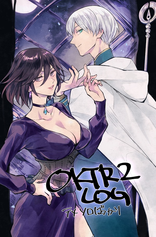 1boy 1girl black_choker black_eyes black_hair breasts cape choker closed_mouth collarbone commentary_request dress green_eyes grel_(r6hgvu5) hair_between_eyes hand_on_own_hip holding_hands large_breasts medium_hair octopath_traveler octopath_traveler_ii purple_dress smile standing temenos_mistral throne_anguis white_cape white_hair