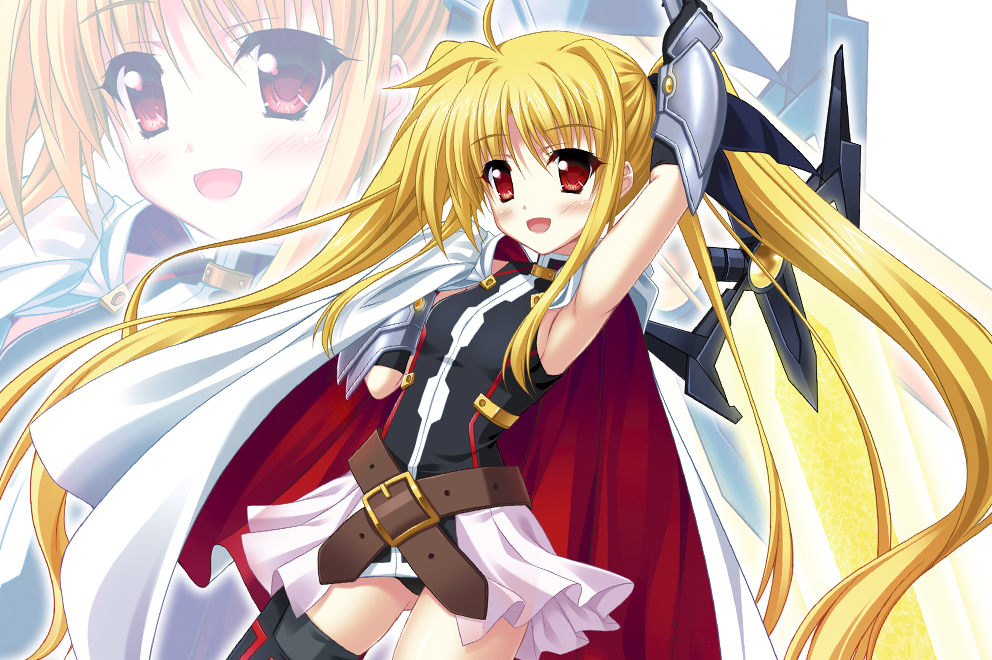 1girl armpits bardiche_(nanoha) bardiche_(zanber_form)_(nanoha) bare_shoulders belt blonde_hair blush buckle cape endori fate_testarossa fate_testarossa_(blaze_form) female_focus hair_ribbon long_hair lyrical_nanoha magical_girl mahou_shoujo_lyrical_nanoha mahou_shoujo_lyrical_nanoha_a&#039;s mahou_shoujo_lyrical_nanoha_the_movie_2nd_a&#039;s open_mouth red_eyes ribbon skirt smile solo sword thighhighs twintails very_long_hair weapon zoom_layer