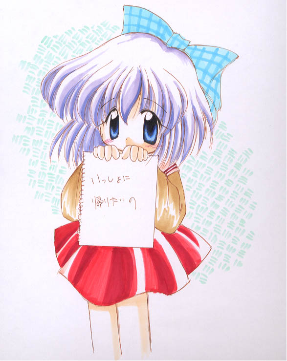 1girl 2000s_(style) bad_id blue_bow blush bow brown_shirt character_request colored_pencil copyright_request cowboy_shot hair_bow holding holding_sketchbook kouzuki_mio looking_at_viewer medium_hair one_-_kagayaku_kisetsu_e pencil plaid_bow red_skirt shirt sketchbook skirt solo sou_ryuu translation_request