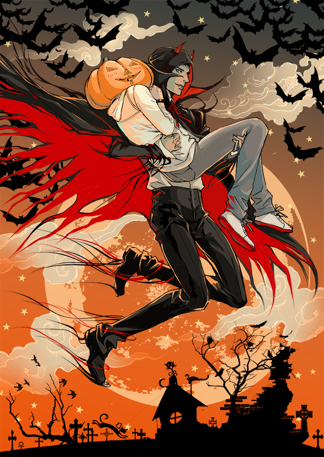 2boys alex_mercer assassin&#039;s_creed_(series) bad_id bad_pixiv_id bat_(animal) cape crossover demon_horns desmond_miles halloween horns jack-o&#039;-lantern jumping male_focus multiple_boys night prototype_(game) yorda_(koyorda)