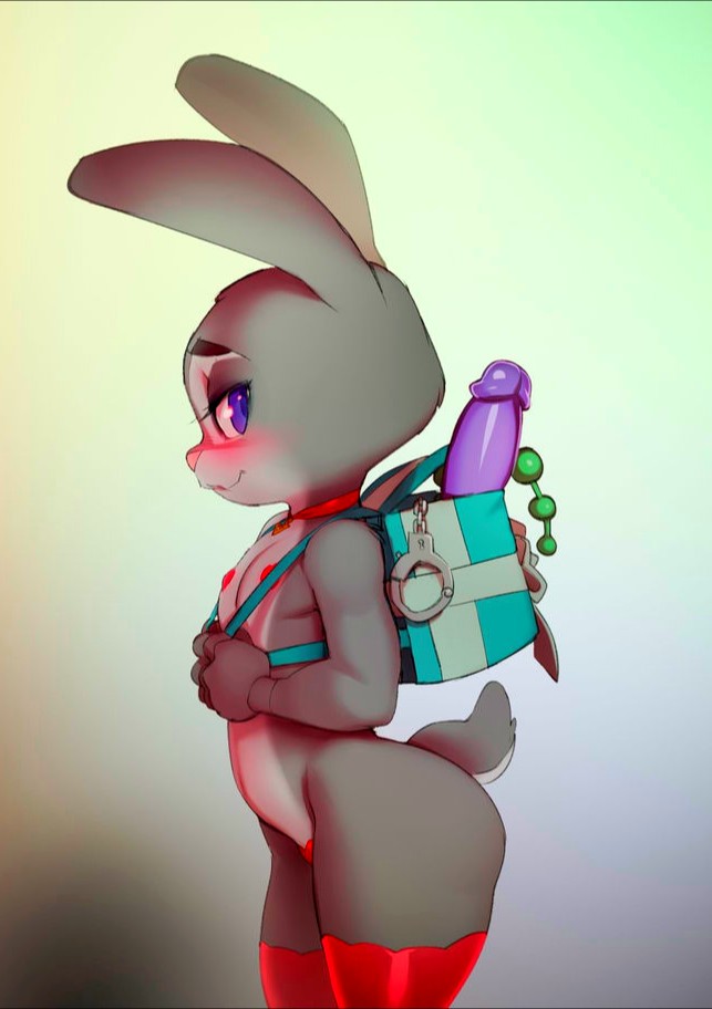 1girl animal_ears backpack bag breasts dildo doxy female_focus furry furry_female judy_hopps nude purple_eyes rabbit_ears rabbit_tail seductive_smile sex_toy small_breasts smile solo swimsuit tail zootopia