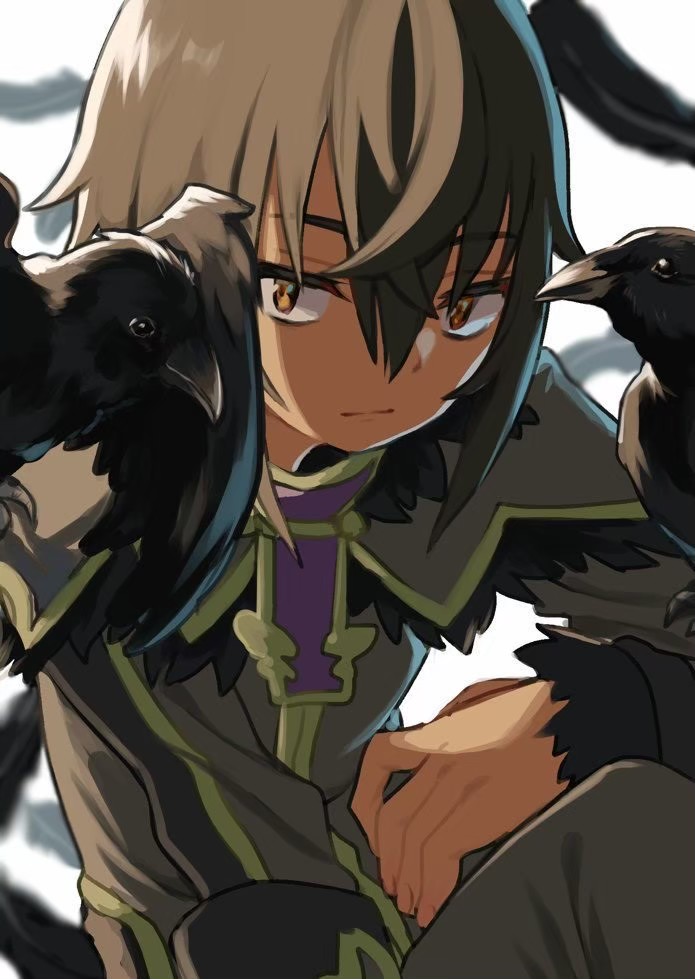 1boy bird black_feathers black_hair closed_mouth crossed_bangs crow feathers great_kichi killian_phegor male_focus orange_eyes pop-up_story sitting solo st._feles_gakuen_uniform