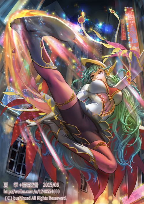 1girl boots building cardfight!!_vanguard company_name dated elegance_feather_(cardfight!!) female_focus full_body gloves green_hair hat high_heel_boots high_heels long_hair official_art open_mouth pantyhose solo sparkle xiaji yellow_eyes