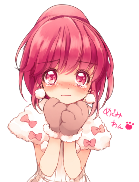 10s 1girl aino_megumi blush bow character_name female_focus frown gloves happinesscharge_precure! looking_at_viewer pink_bow pink_eyes pink_gloves pink_hair ponytail precure shirt short_hair solo tears upper_body uzuki_aki white_background white_shirt