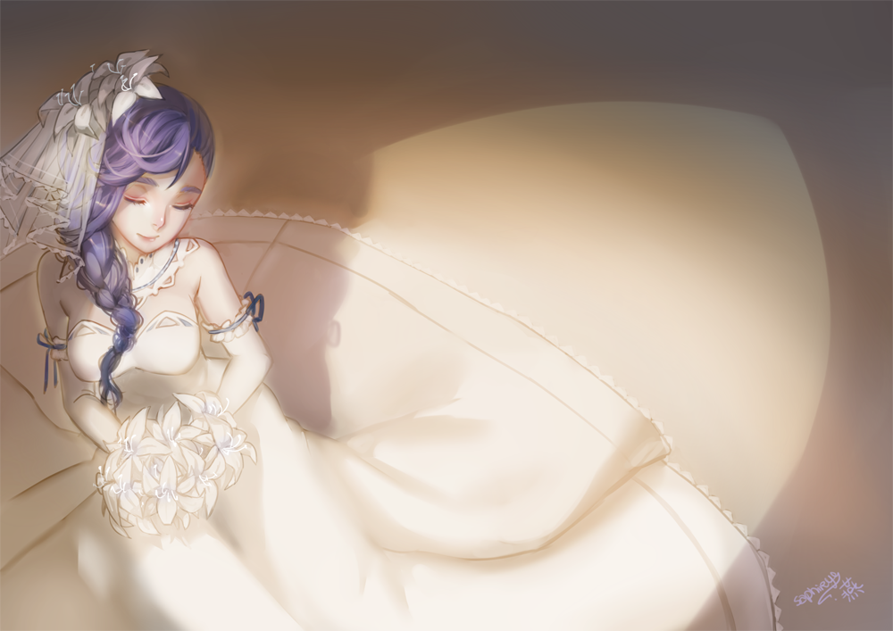 1girl alternate_costume alys arm_garter artist_name blue_ribbon bouquet braid breasts bride closed_eyes closed_mouth detached_collar dress elbow_gloves female_focus flower from_above gloves hair_flower hair_ornament hair_over_shoulder holding holding_flower lace_trim long_dress long_hair ribbon saphirya see-through_clothes shadow single_braid smile solo strapless strapless_dress veil vocaloid wedding_dress white_dress white_flower white_gloves