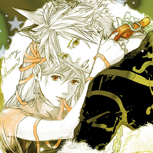 1990s_(style) 1boy 1girl blonde_hair cloud_strife couple final_fantasy final_fantasy_vii hetero long_hair lowres niko_(silent.whitesnow) orange_eyes retro_artstyle tifa_lockhart white_hair yellow_eyes