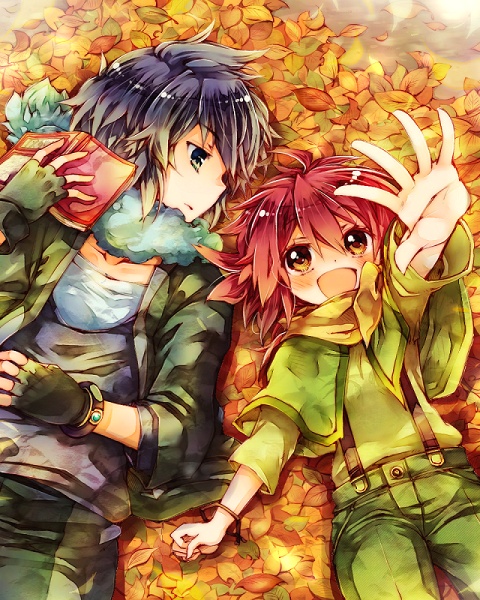 1boy 1girl alain_(pokemon) amamiya_kabosu brown_eyes leaf long_hair lying mairin_(pokemon) nintendo pokemon pokemon_(anime) purple_hair red_hair short_hair