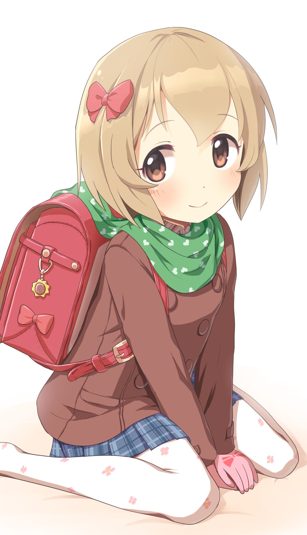 1girl backpack bag bag_charm between_legs blue_skirt bow bow_print brown_eyes brown_hair brown_jacket charm_(object) closed_mouth commentary_request floral_print gloves green_scarf hair_bow hand_between_legs heart heart_print highres idolmaster idolmaster_cinderella_girls jacket koga_koharu long_sleeves looking_at_viewer pantyhose pink_gloves plaid_clothes plaid_skirt pleated_skirt print_gloves print_pantyhose print_scarf randoseru red_bag red_bow scarf short_hair sitting skirt smile solo wariza white_pantyhose yama_tatsuo
