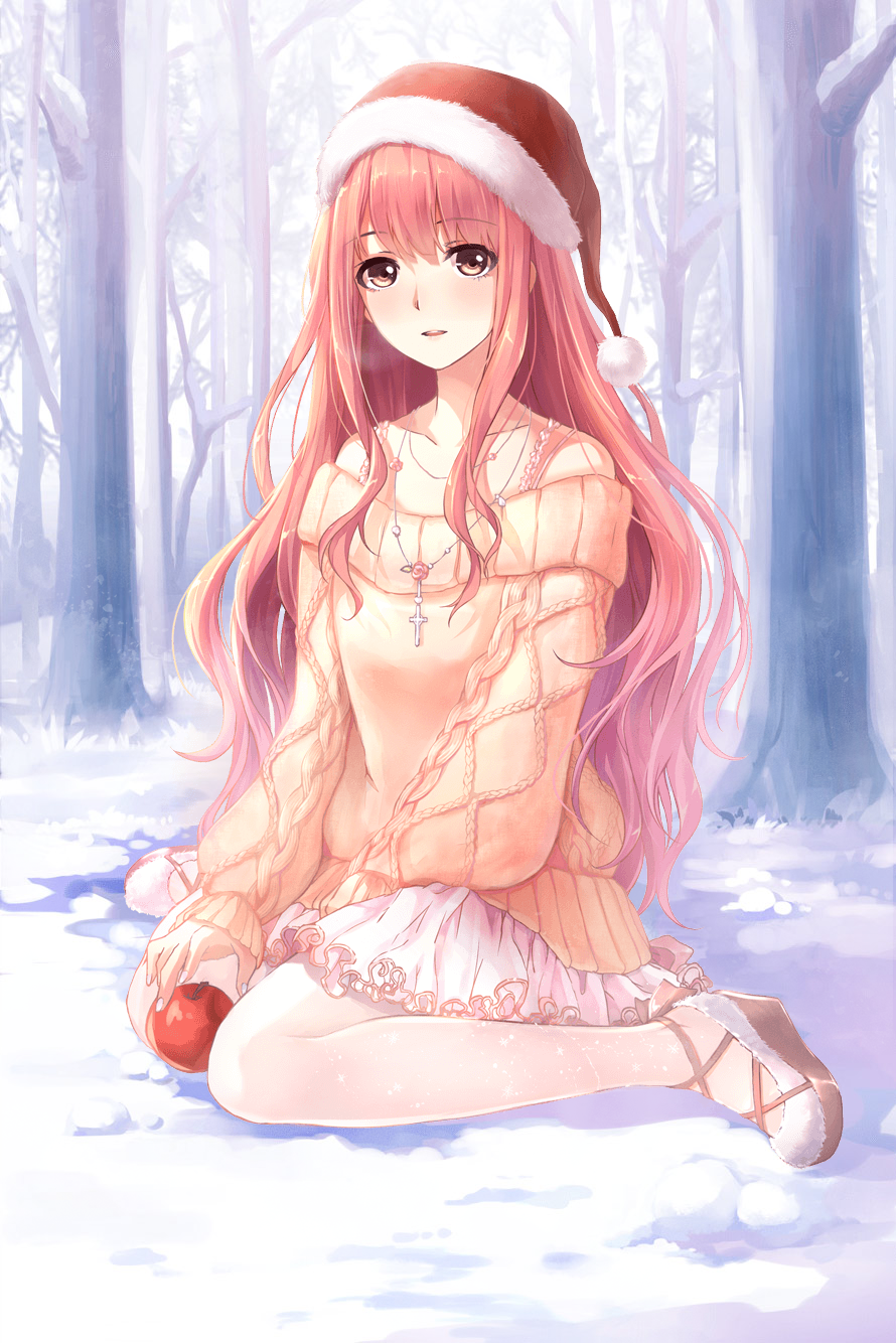 1girl apple artist_request bare_shoulders bra_strap brown_eyes brown_sandals collarbone cross cross_necklace day expressionless eyelashes flower flower_necklace food forest frilled_sleeves frills fruit full_body fur-trimmed_headwear fur-trimmed_sandals fur_trim game_cg hair_between_eyes hat highres holding holding_food holding_fruit jewelry kneeling light_blush long_hair long_sleeves looking_at_viewer microskirt miracle_nikki nature necklace nikki_(nikki) nikki_(series) off-shoulder_sweater off_shoulder official_art outdoors pantyhose parted_lips pink_flower pink_hair pink_rose pom_pom_(clothes) puffy_long_sleeves puffy_sleeves red_hat rose sandals santa_hat see-through_pantyhose sidelocks skirt sleeves_past_wrists snow solo spaghetti_strap sweater third-party_source very_long_hair wavy_hair white_pantyhose white_skirt winter winter_miracle_(miracle_nikki) yellow_sweater