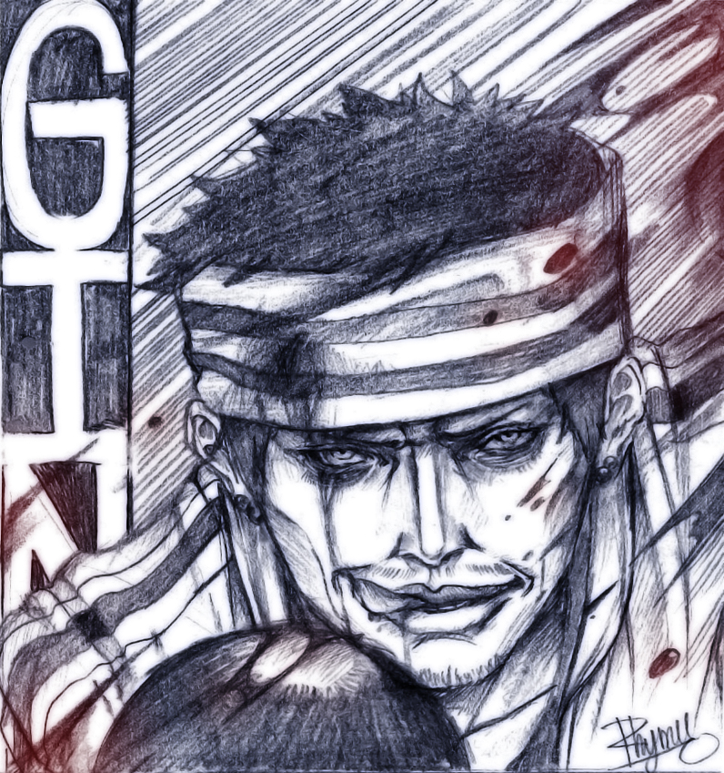1boy blood character_name earrings east_blue gin_(one_piece) graphite_(medium) headband injury jewelry male_focus monochrome one_piece rhymee solo tongue traditional_media