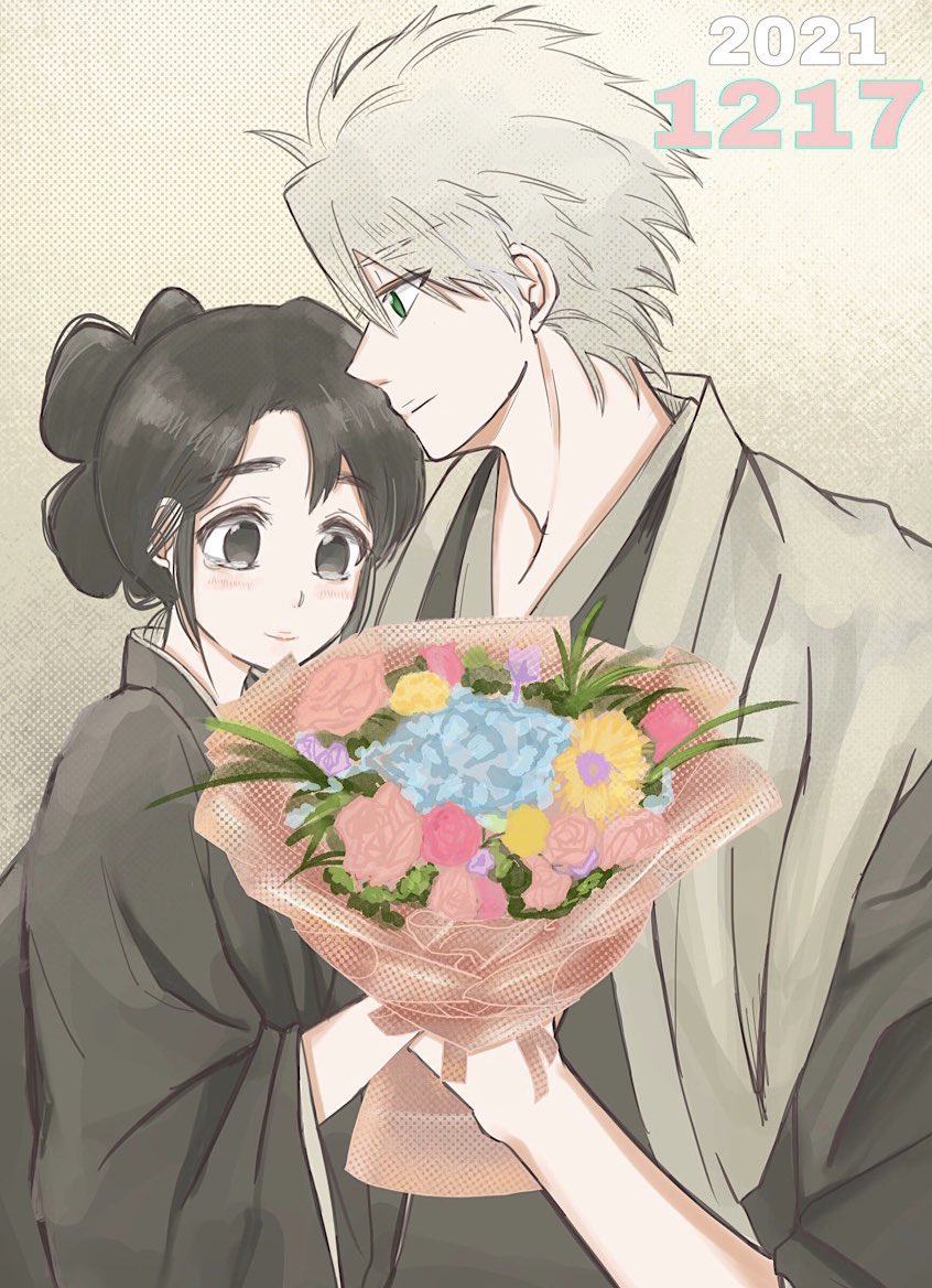 black_kimono bleach blue_ribbon bouquet brown_eyes brown_hair ching1217_fei flower green_eyes hair_bun hinamori_momo hitsugaya_toushirou japanese_clothes kimono light_smile looking_at_another ribbon short_hair sidelocks white_hair