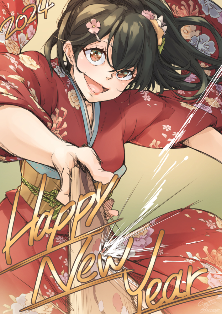 1girl 2024 bow brown_eyes brown_hair commentary flower hair_flower hair_intakes hair_ornament hanetsuki holding japanese_clothes jelly_shrimp kimono looking_at_viewer new_year obi open_mouth original sash solo