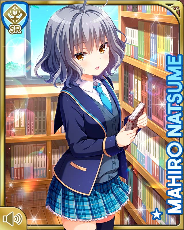 1girl :d ahoge black_thighhighs blue_shirt book bookcase brown_eyes card_(medium) cardigan day frilled_skirt frills girlfriend_(kari) holding holding_book indoors library natsume_mahiro official_art open_mouth orange_eyes plaid_clothes plaid_skirt pleated_skirt qp:flapper school_uniform shirt short_hair silver_hair skirt smile solo standing tagme thighhighs wavy_hair