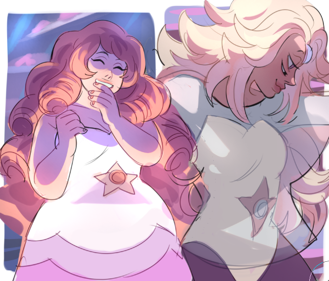 2girls artist_request black_eyes blonde_hair blue_eyes breasts dress extra_eyes gradient_hair leotard long_hair medium_breasts multicolored_hair multiple_girls pink_hair pink_lips plump rainbow_quartz rose_quartz_universe see-through_clothes see-through_shirt shirt steven_universe very_long_hair white_dress white_leotard