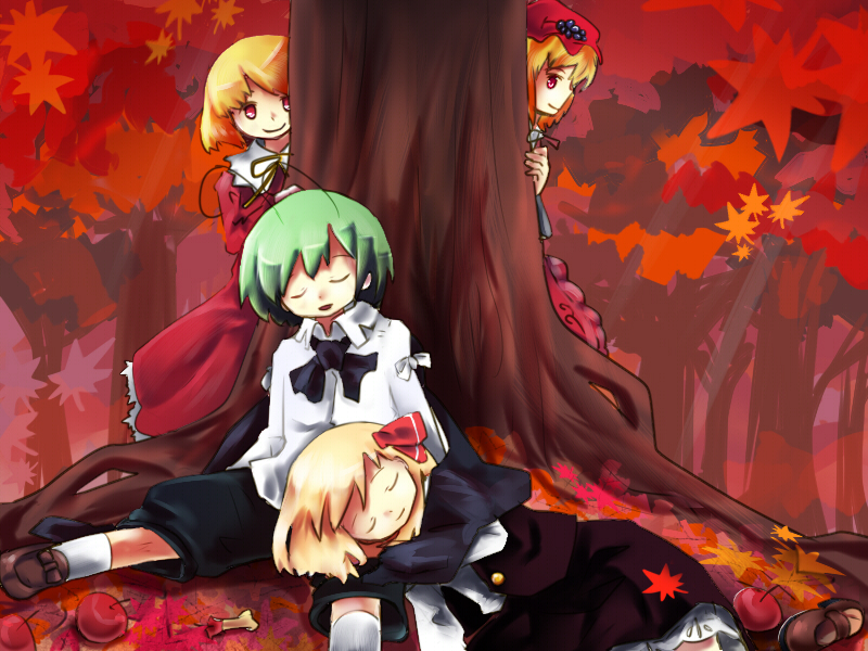 4girls against_tree aki_minoriko aki_shizuha antennae apple apple_core autumn autumn_leaves blonde_hair dress food frilled_dress frilled_skirt frills fruit green_hair hair_ribbon hat leaf maple_leaf multiple_girls murani ribbon rumia shirt short_hair shorts skirt sleeping sleeping_on_person stage_connection touhou tree vest wriggle_nightbug