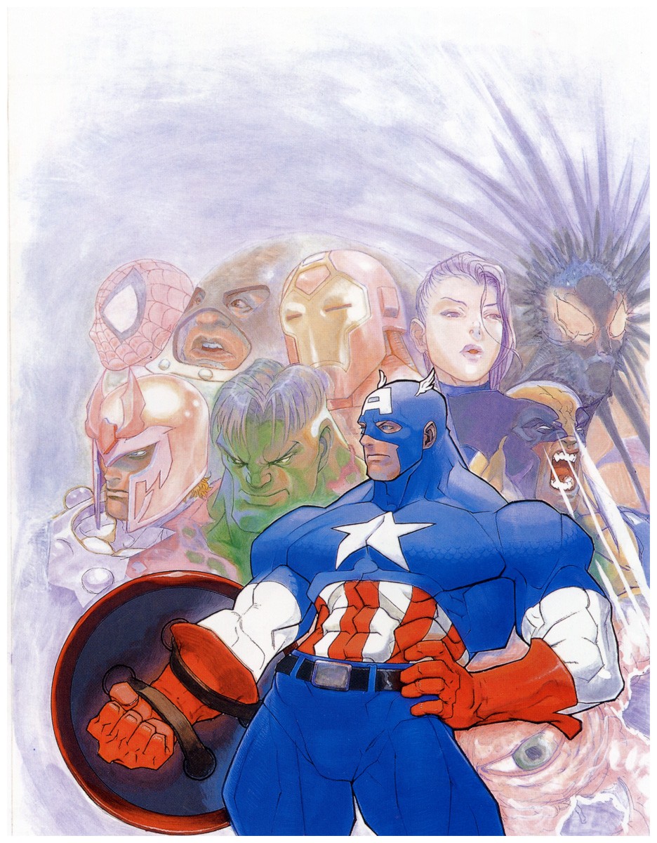 1995 1girl 6+boys armor avengers_(series) belt blackheart_(marvel) blue_eyes bodysuit bruce_banner capcom captain_america colored_skin costume gloves green_skin helmet highres hulk iron_man juggernaut_(x-men) magneto marvel marvel_super_heroes multiple_boys official_art pectorals peter_parker psylocke purple_hair red_gloves retro_artstyle shield shuma_gorath spider-man spider-man_(series) steve_rogers superhero_costume tony_stark wolverine_(x-men) x-men