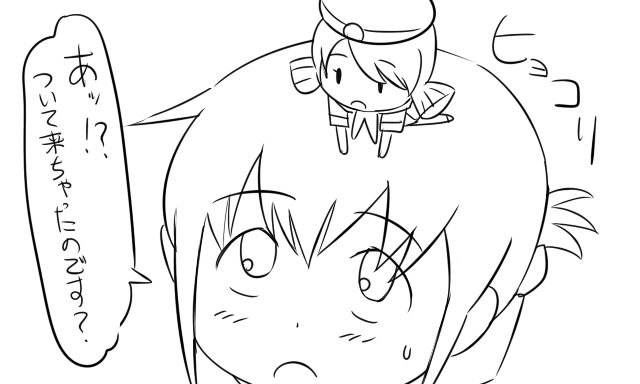 10s 1girl comic fairy_(kancolle) folded_ponytail greyscale hat inazuma_(kancolle) kantai_collection mini_person minigirl monochrome on_head sailor_hat tonda translation_request