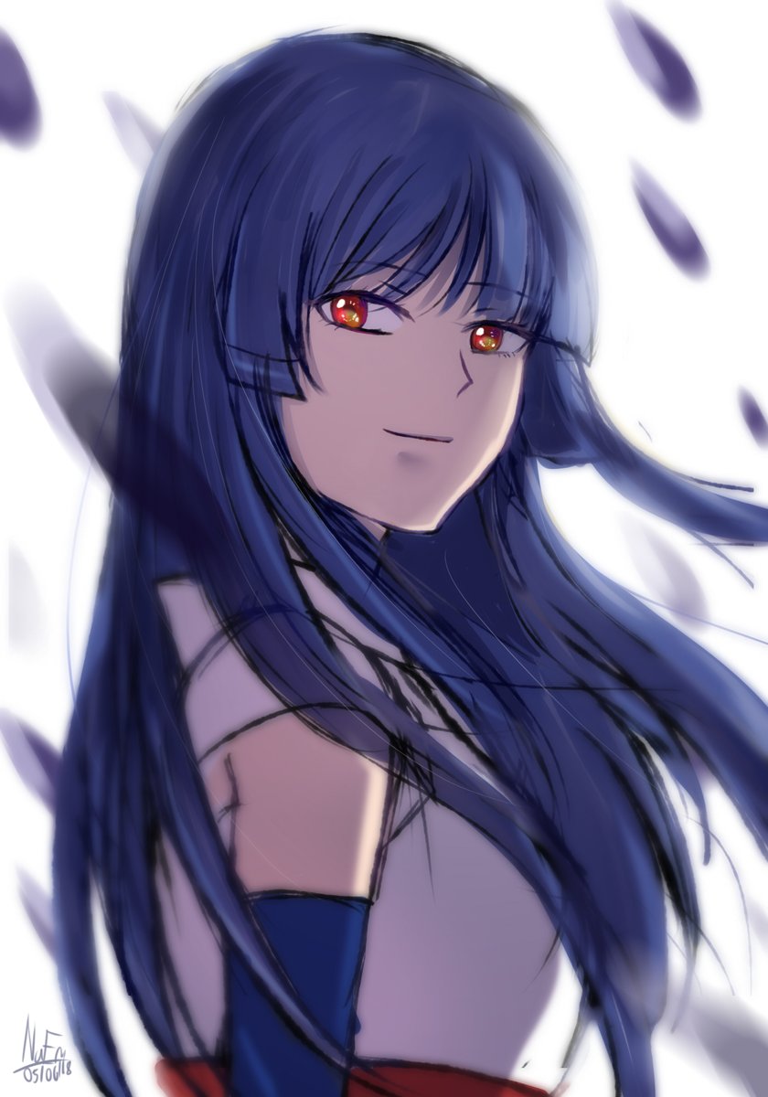1girl blackhaiper blue_hair blue_sleeves detached_sleeves female_focus floating_hair from_side gintama highres imai_nobume long_hair looking_at_viewer petals red_eyes signature sketch smile solo upper_body very_long_hair