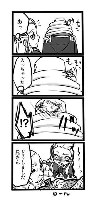 00s 2boys 4koma bird brothers charles_zi_britannia code_geass comic epaulettes greyscale male_focus monochrome multiple_boys nico_(hero300) siblings translation_request upper_body v.v. white_background wig