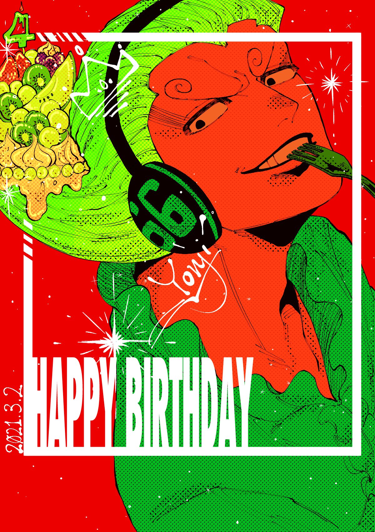 1boy birthday black_eyes character_name commentary_request curly_eyebrows english_text food fork fruit green_hair happy_birthday headphones highres holding holding_fork larugo0513 male_focus one_piece short_hair smile solo teeth vinsmoke_yonji