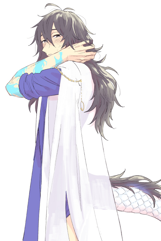 1boy antenna_hair arm_tattoo black_eyes black_hair blue_robe blush cloak cowboy_shot dragon_tail dragon_tattoo fate/grand_order fate_(series) from_behind hair_between_eyes hand_in_own_hair kitchin long_hair looking_at_viewer looking_to_the_side male_focus parted_lips robe sakamoto_ryouma_(fate) sakamoto_ryouma_(lancer)_(fate) see-through_clothes side_slit simple_background sleeves_rolled_up solo sweatdrop tail tattoo white_background white_cloak