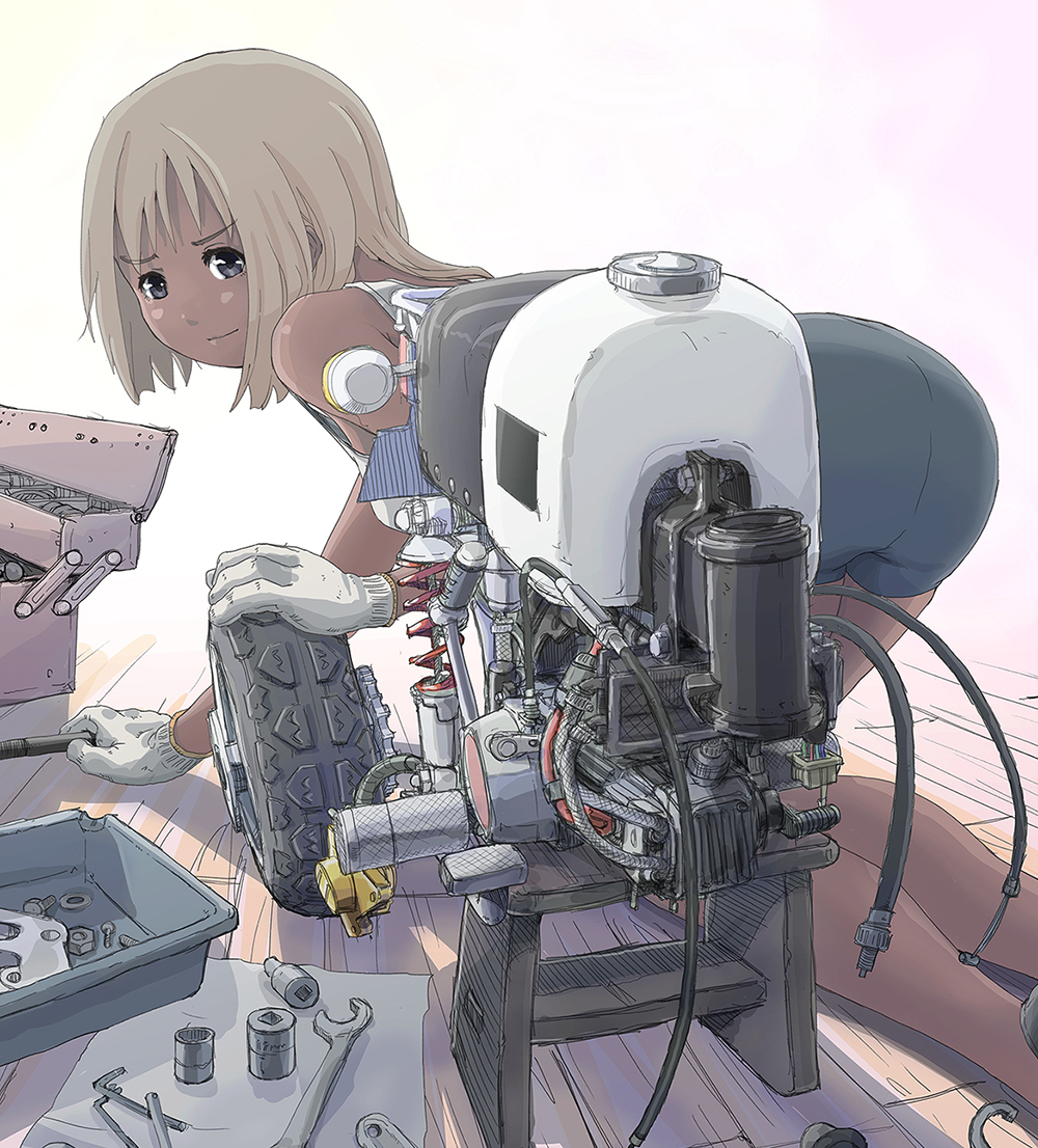 1girl all_fours allen_wrench ass bad_id bad_pixiv_id black_eyes blonde_hair bolt_(hardware) engine female_focus gloves machine original shorts socket_wrench solo sukabu tools unused_tire wire wrench