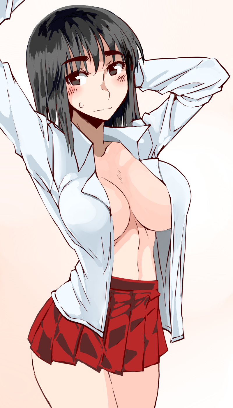 00s 1girl arms_up black_eyes black_hair blush breasts cleavage cosaten cowboy_shot female_focus highres large_breasts looking_at_viewer miniskirt open_clothes open_shirt pleated_skirt school_rumble shirt simple_background skirt smile solo standing suou_mikoto_(school_rumble) sweatdrop