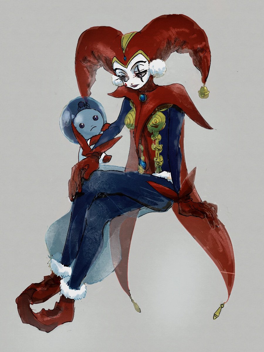 1boy 1girl alien amakekke black_leotard blue_gemstone blue_pants chrono_cross coattails crossed_legs earrings facepaint floating full_body gem gloves gold_trim grey_background half-closed_eyes harle_(chrono_cross) harlequin hat hat_bell helmet highres jester_cap jewelry leotard multicolored_leotard pants pointy_footwear pom_pom_(clothes) pom_pom_earrings red_gloves red_hat red_leotard red_shoes see-through_clothes see-through_pants shoes sitting space_helmet starky_(chrono_cross) teardrop_facial_mark two-tone_leotard