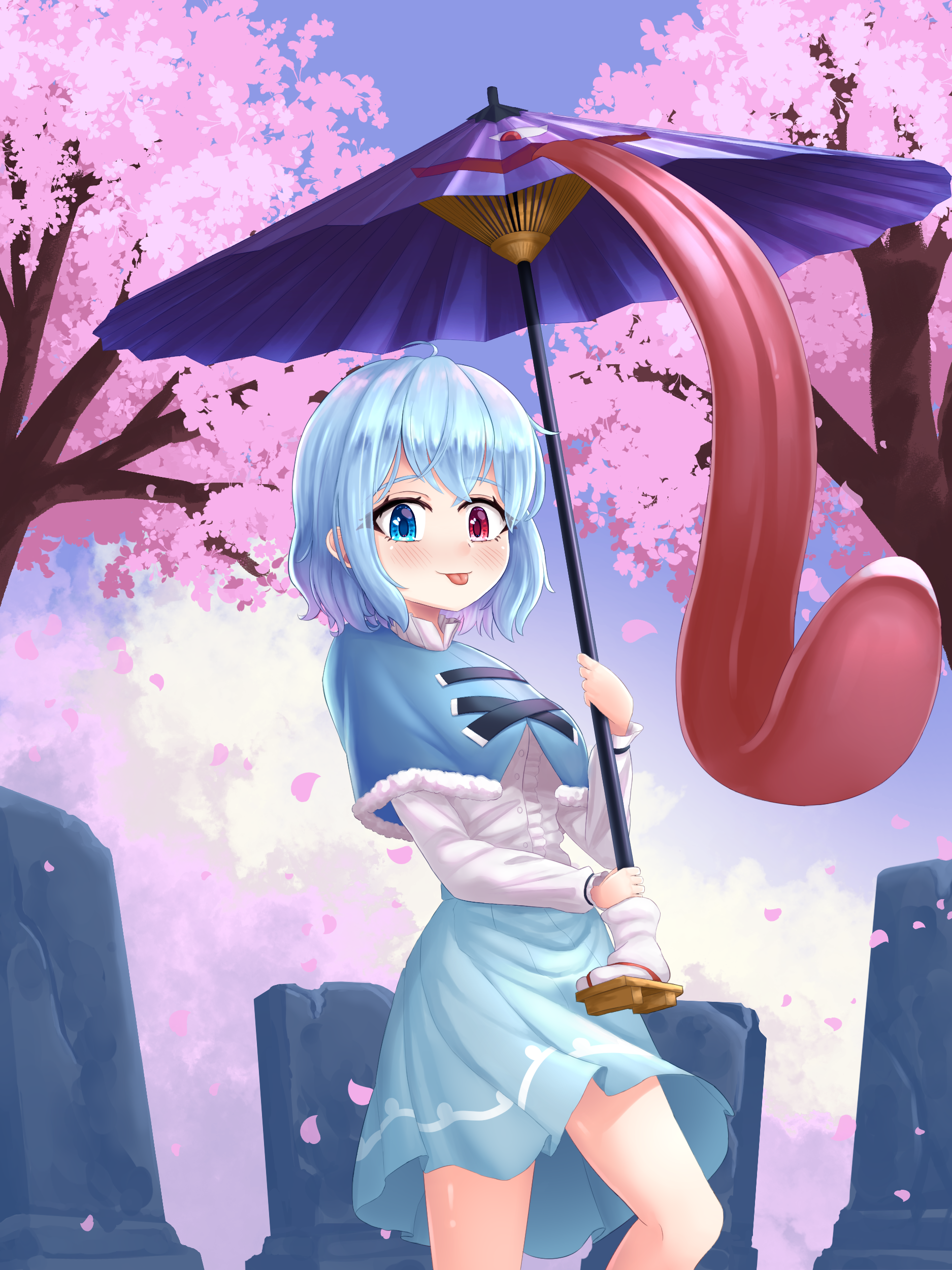 1girl absurdres blue_capelet blue_eyes blue_skirt capelet cherry_blossoms commentary cross-laced_clothes english_commentary feet_out_of_frame heterochromia highres holding holding_umbrella karakasa_obake looking_at_viewer outdoors purple_eyes purple_umbrella pygrenix shirt skirt solo tatara_kogasa tombstone tongue tongue_out touhou tree umbrella white_shirt wild_and_horned_hermit