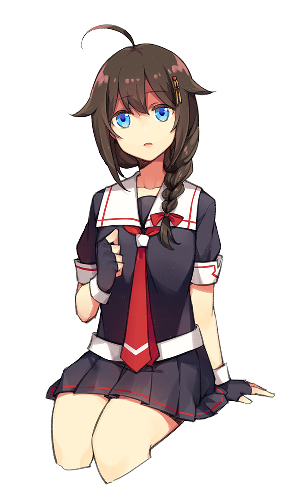 10s 1girl ahoge black_gloves black_hair black_serafuku black_skirt blue_eyes braid cowboy_shot female_focus fingerless_gloves gloves hair_flaps hair_over_shoulder kantai_collection looking_at_viewer nashi_(tidal0414) neckerchief pleated_skirt red_neckerchief sailor_collar school_uniform serafuku shigure_(kancolle) shigure_kai_ni_(kancolle) simple_background single_braid sitting skirt solo white_background white_sailor_collar