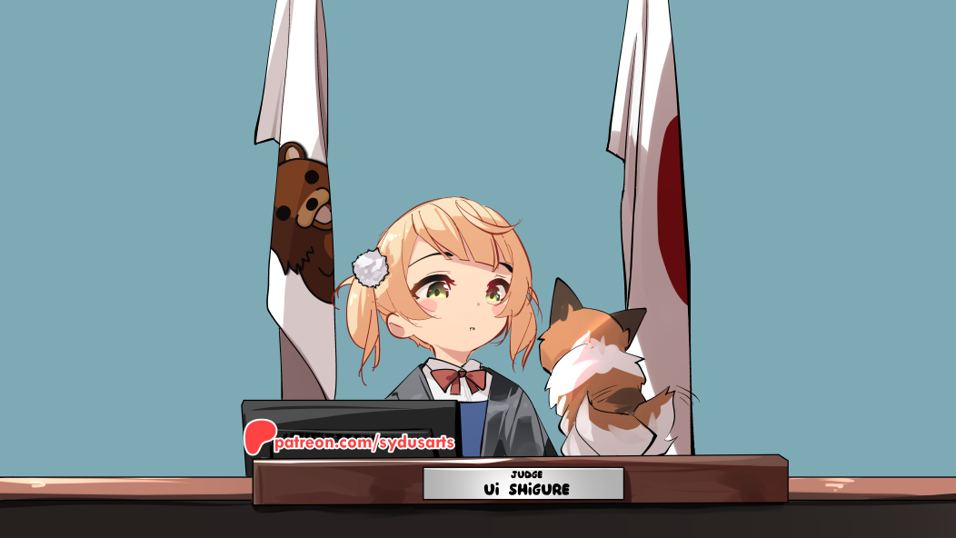 1girl blush_stickers bow bowtie commentary dog english_commentary green_eyes hair_ornament hammer holding holding_hammer indie_virtual_youtuber japanese_flag judge open_mouth patreon_username pedobear pom_pom_(clothes) pom_pom_hair_ornament red_bow red_bowtie shigure_ui_(vtuber) shigure_ui_(vtuber)_(young) short_hair solo sydus tail tail_wagging twintails virtual_youtuber watermark web_address