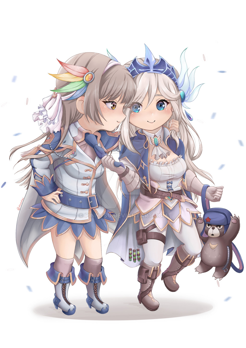 2girls ascot bear belt biolo_(ragnarok_online) blazer blue_belt blue_brooch blue_eyes blue_necktie blue_skirt boots breasts brown_boots brown_eyes cape cape_holster cleavage cleavage_cutout closed_mouth clothes_grab clothing_cutout collared_shirt commentary commission corset english_commentary full_body genetic_(ragnarok_online) gold_trim grey_hair hat highres jacket large_breasts long_hair long_sleeves looking_at_another looking_to_the_side miniskirt multiple_girls necktie necktie_grab neckwear_grab official_alternate_costume open_mouth pants pink_corset pinntsu ragnarok_online shirt simple_background skirt smile ushanka vial white_ascot white_background white_boots white_cape white_hair white_jacket white_pants white_shirt white_skirt