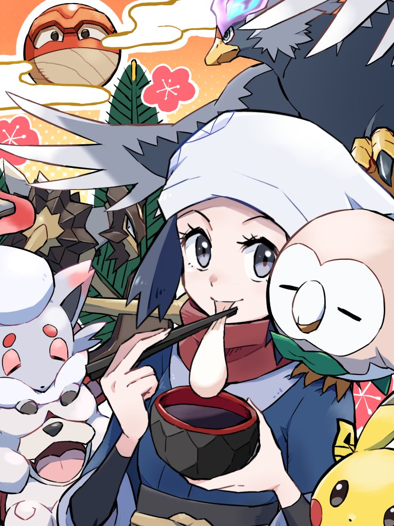 1girl akari_(pokemon) ayo_(ayosanri009) black_shirt blue_jacket bowl chopsticks closed_mouth commentary_request eating eyelashes gen_1_pokemon gen_7_pokemon grey_eyes hands_up headscarf hisuian_braviary hisuian_growlithe hisuian_voltorb hisuian_zorua holding holding_bowl holding_chopsticks jacket kleavor looking_at_viewer mouth_hold nintendo on_shoulder pikachu pokemon pokemon_(creature) pokemon_legends:_arceus pokemon_on_shoulder red_scarf rowlet sash scarf shirt smile white_headscarf white_headwear