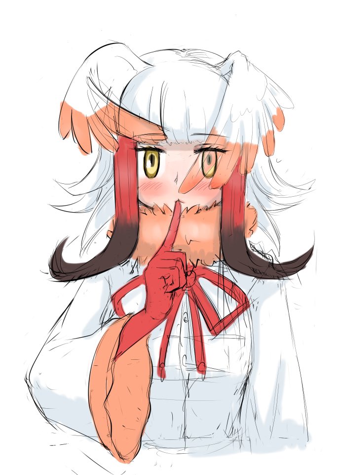 1girl :&lt; aotsuki_tsutome bird_girl bird_wings black_hair blunt_bangs blush bow bowtie elbow_gloves finger_to_mouth frilled_sleeves frills fur_collar gloves head_wings japanese_crested_ibis_(kemono_friends) kemono_friends long_sleeves multicolored_hair red_bow red_bowtie red_fur red_gloves red_hair shirt short_hair sidelocks solo upper_body white_hair white_shirt wings yellow_eyes