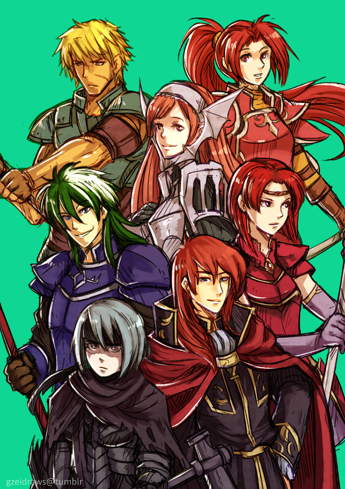 3boys 4girls armor beruka_(fire_emblem) black_cape black_coat blonde_hair blue_armor blue_hair breastplate cape cherche_(fire_emblem) circlet coat cormag_(fire_emblem) dark-skinned_male dark_skin fire_emblem fire_emblem:_mystery_of_the_emblem fire_emblem:_path_of_radiance fire_emblem:_radiant_dawn fire_emblem:_the_binding_blade fire_emblem:_the_blazing_blade fire_emblem:_the_sacred_stones fire_emblem_awakening fire_emblem_fates gloves grin gzei heath_(fire_emblem) holding holding_polearm holding_weapon jill_(fire_emblem) long_hair melady_(fire_emblem) michalis_(fire_emblem) multiple_boys multiple_girls nintendo polearm ponytail red_armor red_cape red_hair short_hair smile weapon